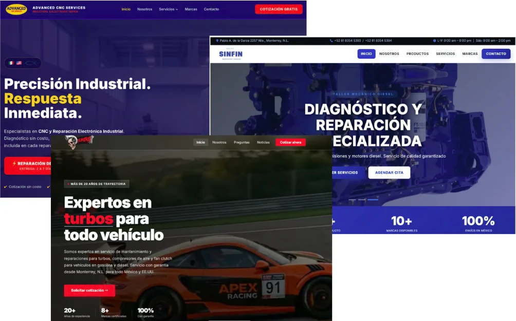Páginas web entregadas por Conecta a empresas de Monterrey: Advanced CNC Services, Sinfin Diesel y Turbos Apex