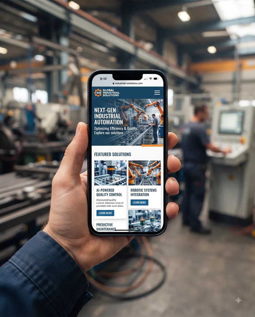 Página web de una empresa industrial vista en el celular dentro de una planta de Monterrey